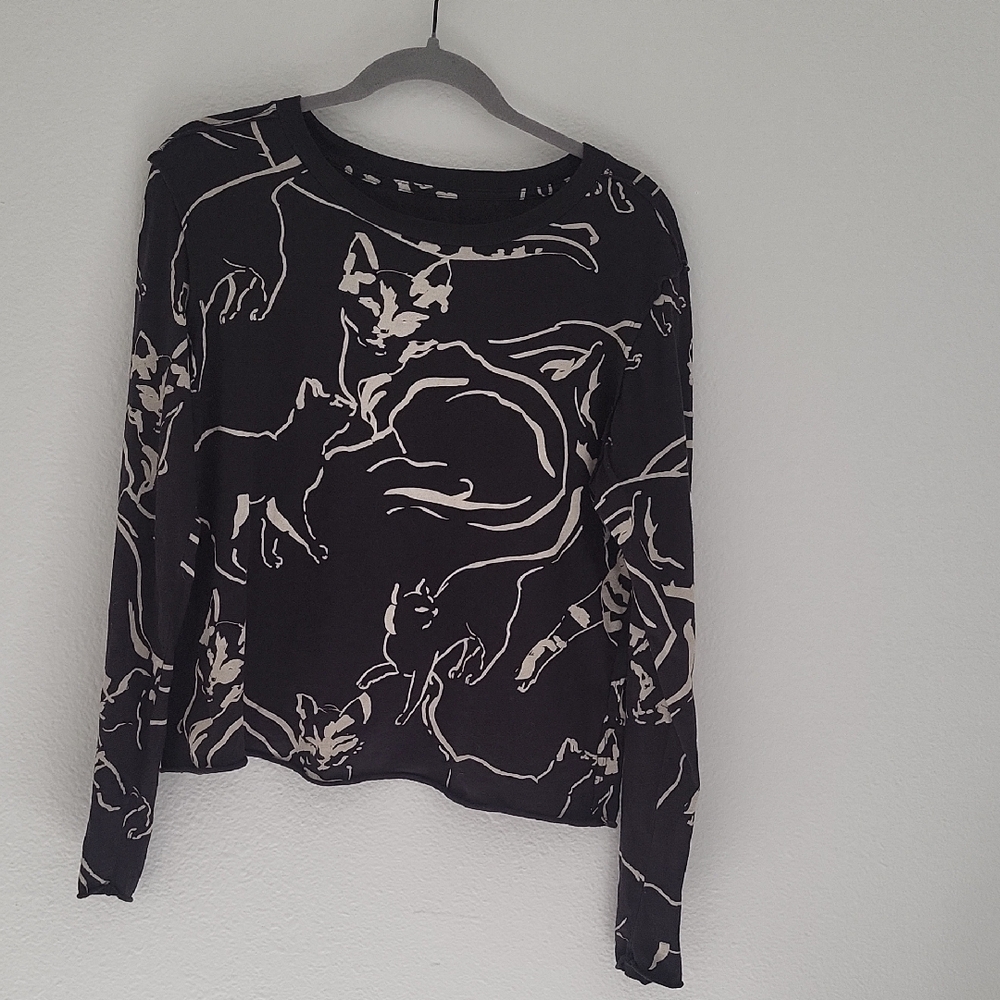 Maeve Black and Cream Cat Print Long Sleeve Top